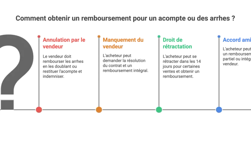 Schéma expliquant comment obtenir un remboursement pour un acompte ou des arrhes, couvrant l'annulation par le vendeur, le manquement du vendeur, le droit de rétractation et l'accord amiable.