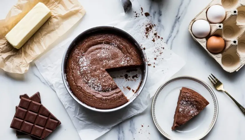 Una torta tenerina al cioccolato, appena sfornata, con ingredienti come burro, uova e cioccolato disposti attorno.