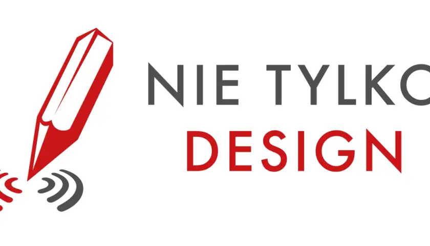 Czerwony ołówek z falami dźwiękowymi i napis "NIE TYLKO DESIGN".