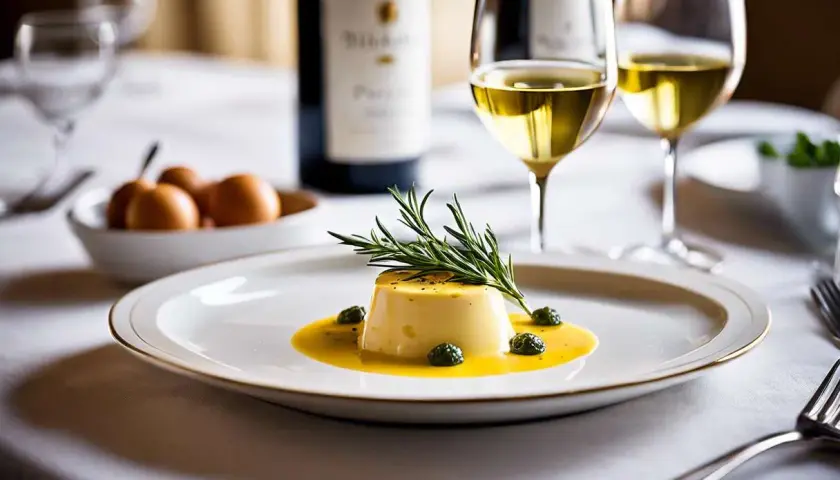 Un délicieux flan jaune, garni de romarin et de petites olives, baigne dans une sauce onctueuse. Un verre de vin blanc et une bouteille complètent cette scène gourmande, évoquant un savoureux vin avec aioli.