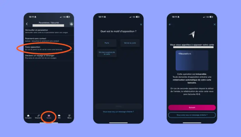 Demande de restitution carte bancaire : l'application mobile permet de faire opposition en cas de perte ou de vol.