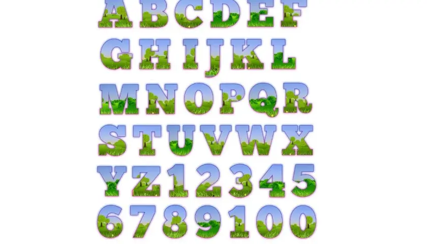 Letras en mayúsculas bonitas con un paisaje verde y cielo azul en su interior. El abecedario completo y los números del 0 al 9.
