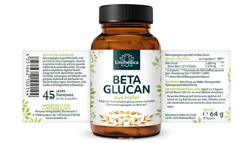 Braune Dose mit Unimedica Beta Glucan Kapseln aus Hafer. Enthält 64g, 90 Kapseln. Gut für den Cholesterinspiegel.