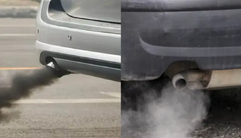 Fumo bianco dallo scarico e puzza di bruciato: due auto inquinano l'aria con emissioni nocive.