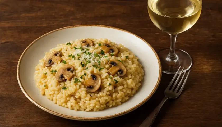 Pyszne risotto z grzybami i kieliszek białego wina. Idealne pytanie: jakie wino do risotto?