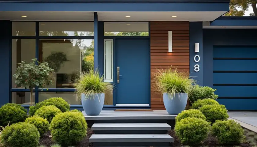 Niebieskie drzwi wejściowe domu z nowoczesną architekturą, otoczone bujną zielenią i ozdobnymi donicami.