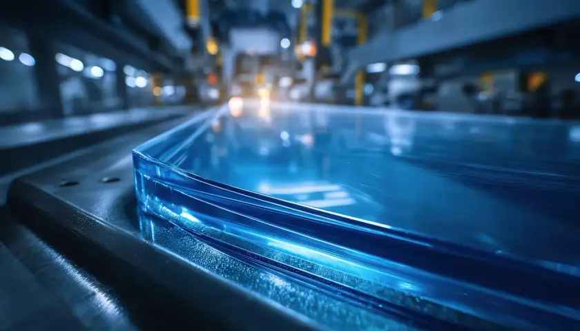 Bordo di un pannello di plexiglass blu brillante in una fabbrica. Il plexiglass è isolante termico, ideale per applicazioni industriali.