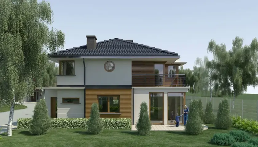 Nowoczesny dom z drewnianymi elementami, otoczony zielenią. W oddali widać brzozowa aleja, a na tarasie bawią się dzieci.