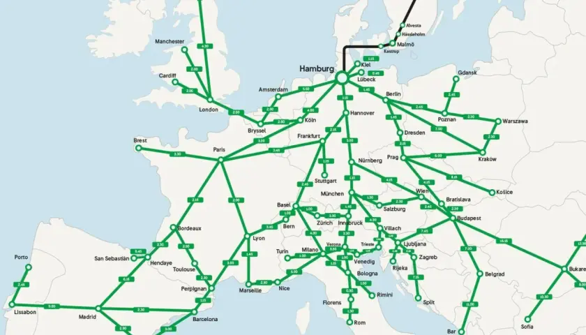 Karta över Europa med tågrutter och restider för interrail. Grön linje visar förbindelser mellan städer som Edinburgh, Paris, Berlin och Budapest.