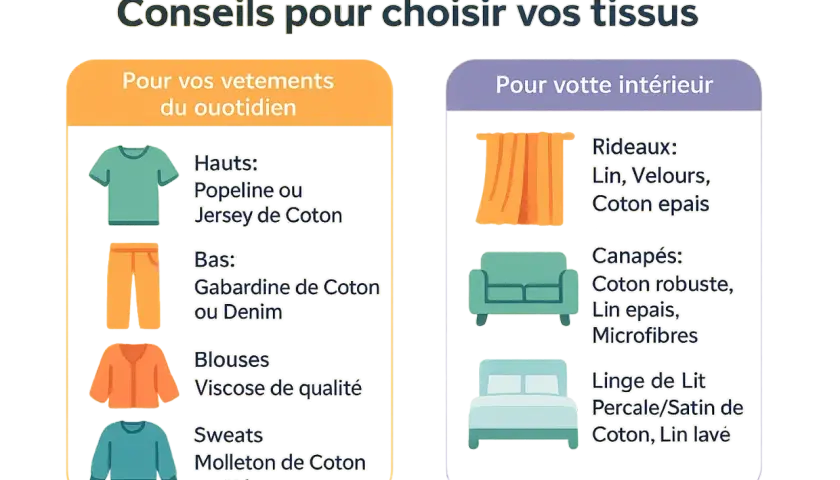 Conseils pour choisir vos tissus : vêtements du quotidien (coton, denim) et décoration intérieure (lin, coton épais). Chaque fibre naturelle a son usage.