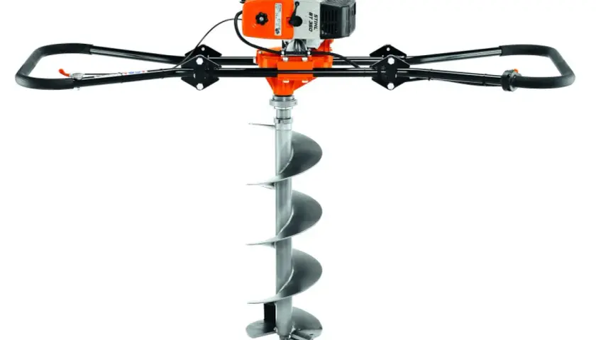 Leistungsstarke erdbohrer maschine mit orange-weißem Motor und großem Bohrer für schnelle Erdloch-Erstellung.