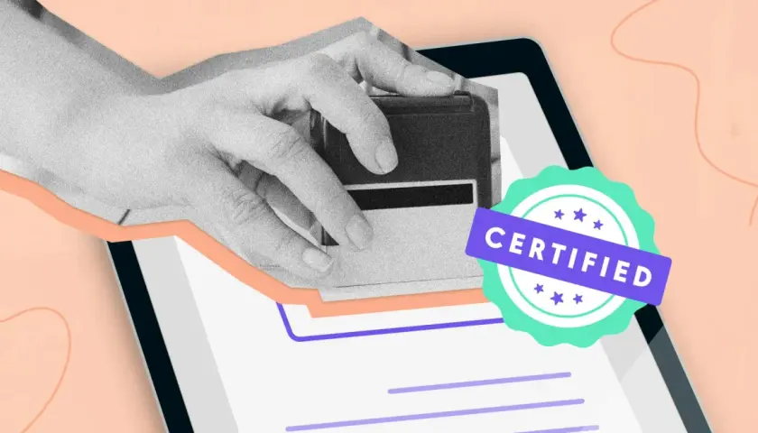 Mano estampando un documento con un sello de empresa ejemplo, con un distintivo "CERTIFIED" al lado.