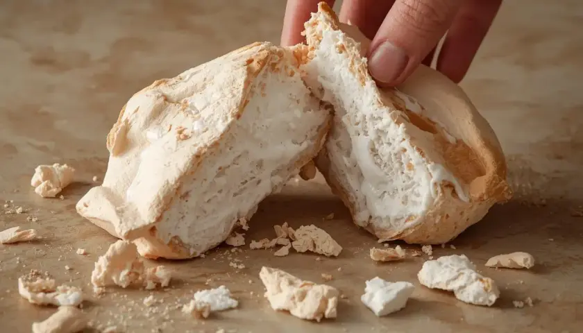 Une main casse une meringue aérienne, parfaite pour une recette meringue. Des miettes tombent sur le plan de travail.