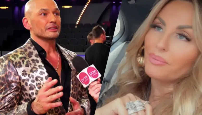 Tomasz z żoną, w panterkowej marynarce, udziela wywiadu. Obok jego żona, z biżuterią.