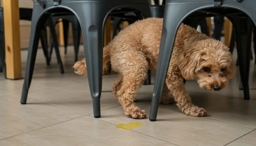 Un perrito marrón, bajo una silla, deja un charco amarillo. ¿Por qué marcan los perros a las personas? Quizás por miedo o para sentirse seguros.