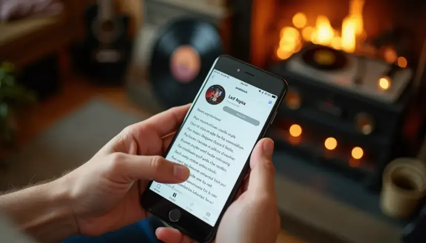 Ręce trzymają smartfon z tekstem piosenki, próbując ją zidentyfikować. W tle kominek i gramofon.
