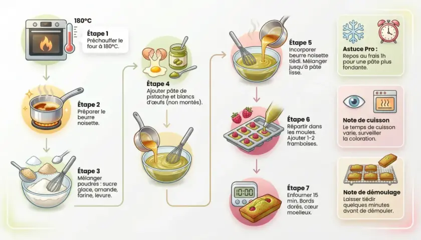 Infographie illustrant les étapes d'une recette de financier : préchauffage du four, préparation du beurre noisette, mélange des poudres, ajout de la pâte de pistache, incorporation du beurre, remplissage des moules avec des framboises, et cuisson.