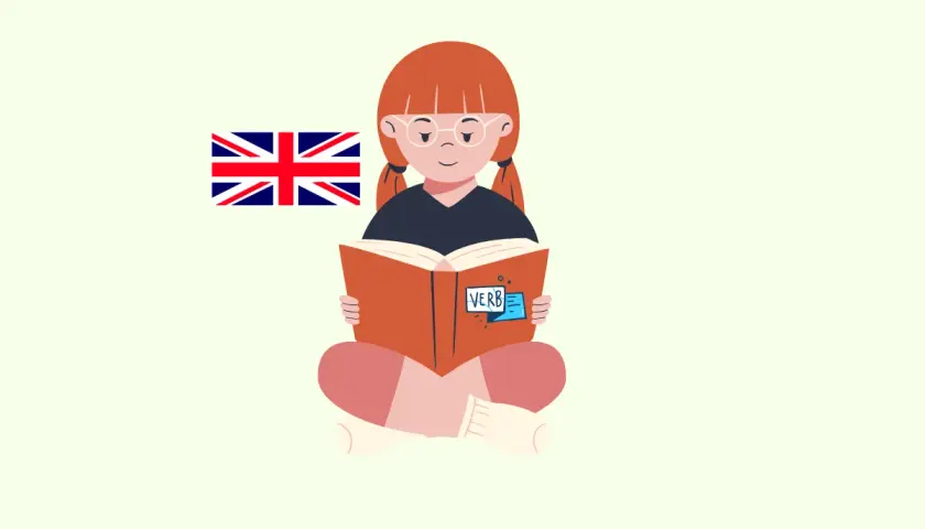 Niña con bandera británica lee un libro sobre verbos regulares.