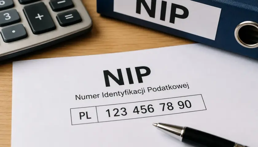 Na dokumencie widnieje numer NIP, który ma 10 cyfr. Obok leży długopis i kalkulator.