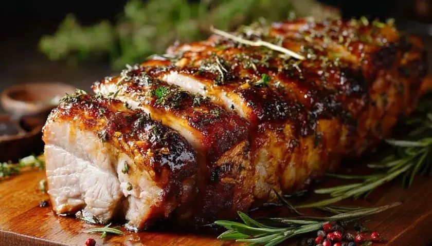 Un délicieux roti de porc, laqué et parsemé d'herbes, est tranché sur une planche en bois, prêt à être dégusté.