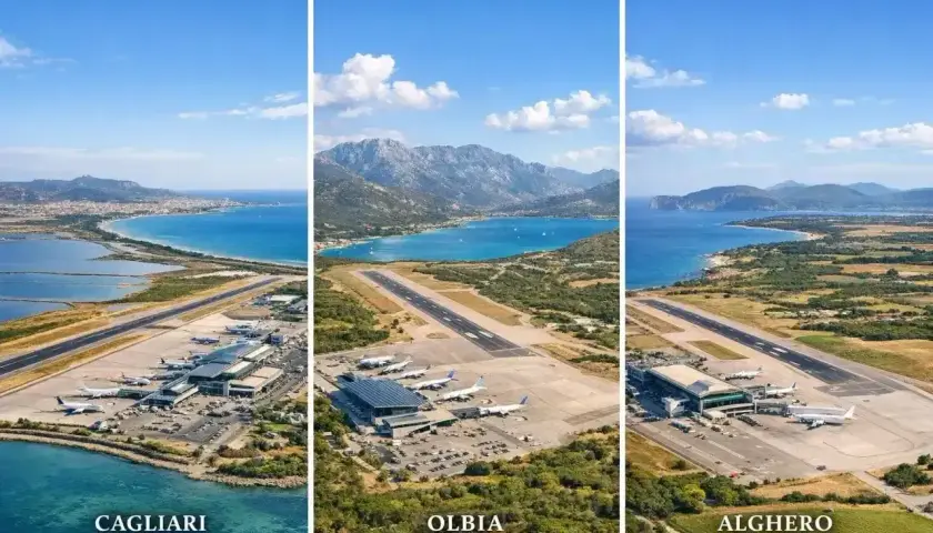 Trzy lotniska na Sardynii: Cagliari, Olbia i Alghero, z widokiem na morze i góry.
