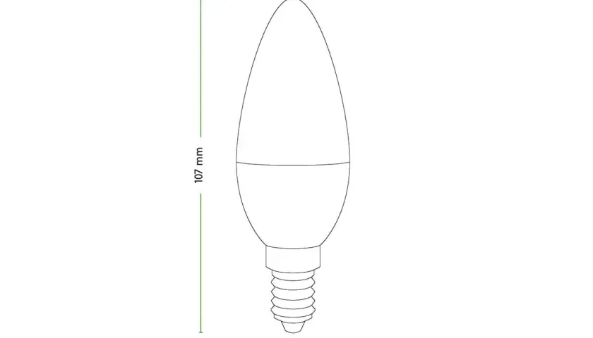 Schematyczna żarówka typu świeca z wymiarami: 107 mm wysokości, 35 mm szerokości, 14 mm gwint.