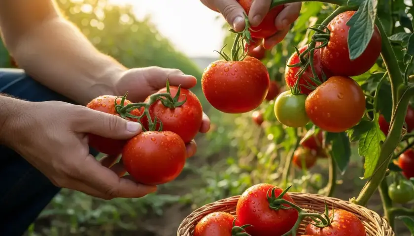 Mani raccolgono succosi pomodori maturi dal terreno argilloso. Un cesto di vimini attende il raccolto.