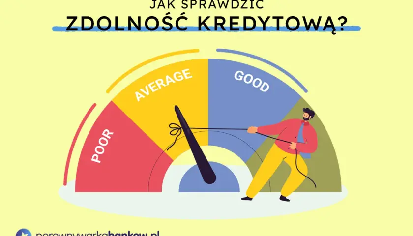 Grafika pokazuje wskaźnik oceniający zdolność kredytową, od "POOR" do "GOOD". Mężczyzna ciągnie za linkę, by poprawić swoją zdolność kredytową na hipotekę.