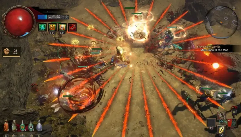 Intensywna walka w Path of Exile na PS4. Postać walczy z hordą wrogów, używając potężnych zaklęć i umiejętności.