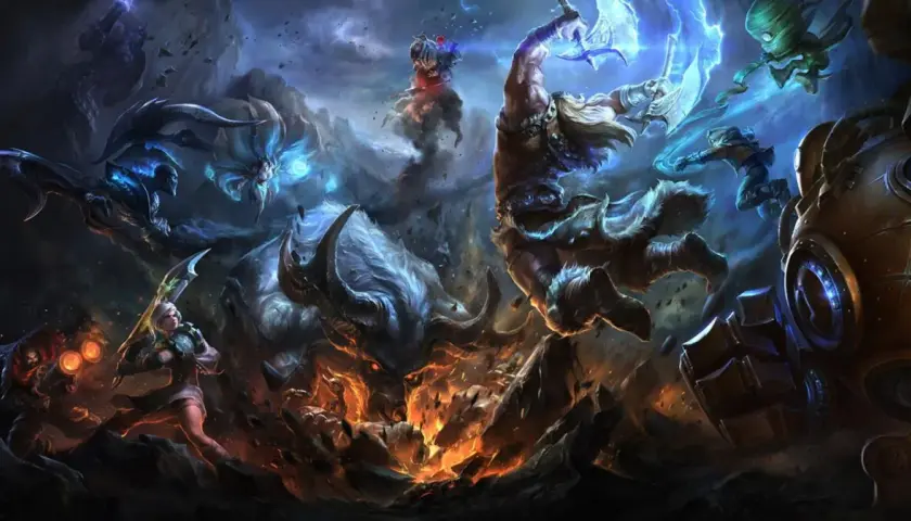 Draven i jego sojusznicy walczą z potężnym bykiem i innymi wrogami w epickiej bitwie.