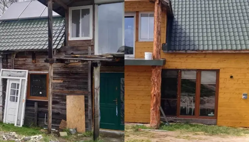 Przed i po remoncie starego drewnianego domu. Widać ogromną przemianę: od zniszczonej elewacji do odnowionego, przytulnego obiektu.
