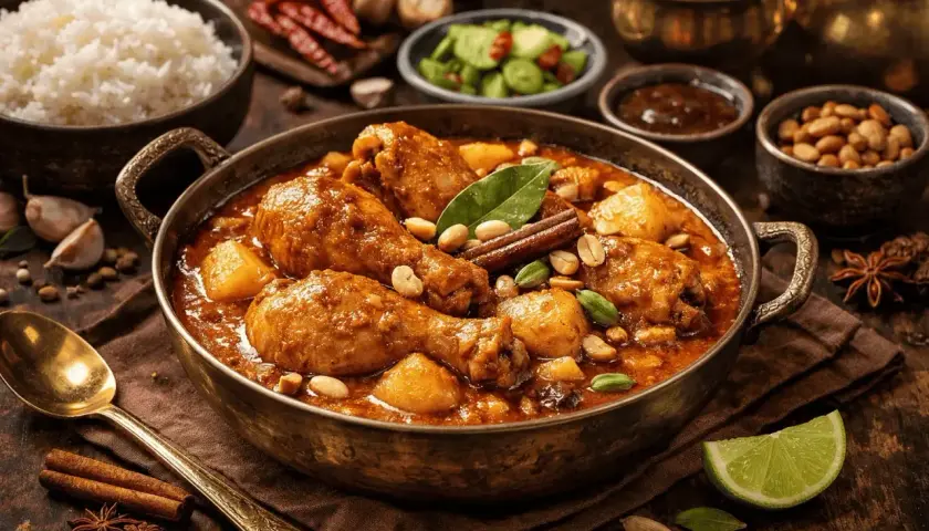 En mustig massaman curry med kyckling, potatis och jordnötter i en vacker kopparskål, serverad med ris och lime.