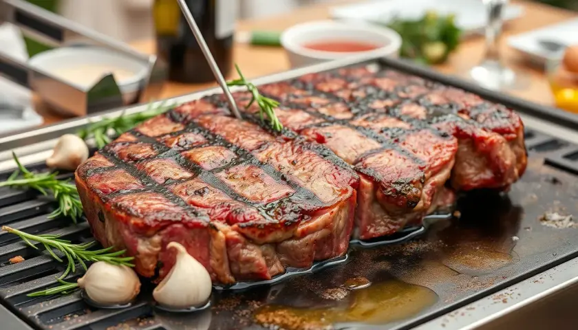 Succulent steaks grillés sur une plancha, avec romarin et ail. Une recette plancha parfaite pour un repas savoureux.