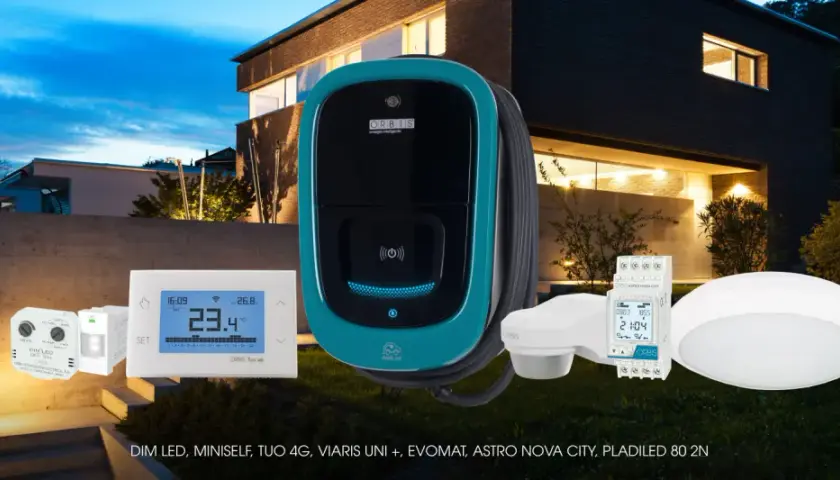 Dispositivos para saber como automatizar las luces de mi casa: termostato, sensor de movimiento, cargador de coche eléctrico y luminarias.