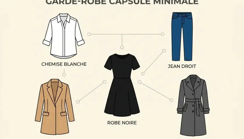Un guide pour s'habiller stylé avec une garde-robe capsule minimale : chemise blanche, robe noire, jean, blazer camel et manteau en laine.