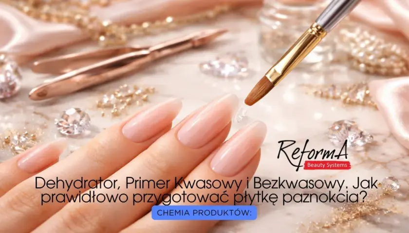 Dłoń z idealnymi paznokciami, pędzelek z żelem. Dowiedz się, co to jest dehydrator do paznokci i jak przygotować płytkę.
