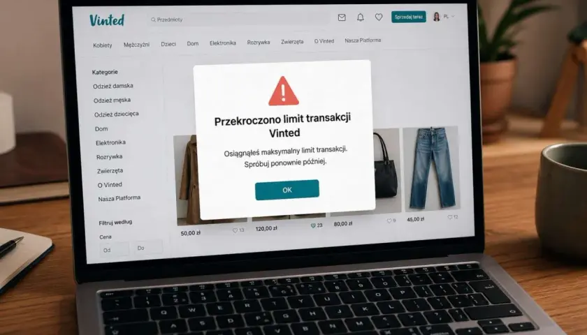 Awaria Vinted: przekroczono limit transakcji. Komunikat na ekranie laptopa informuje o osiągnięciu maksymalnego limitu.
