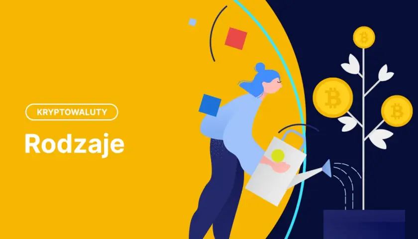 Ilustracja przedstawia kobietę podlewającą drzewko z monetami Bitcoin. Tekst "Kryptowaluty" i "Rodzaje" sugeruje, że chodzi o różne rodzaje kryptowalut.
