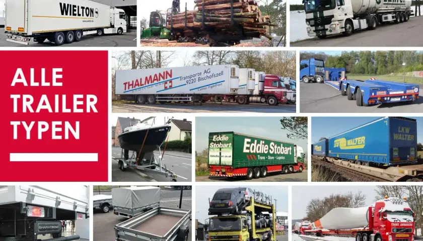 Vielfältige LKW-Anhänger und Sattelzüge, darunter ein Gliederzug, der Holz transportiert, ein Tankwagen und ein Autotransporter.