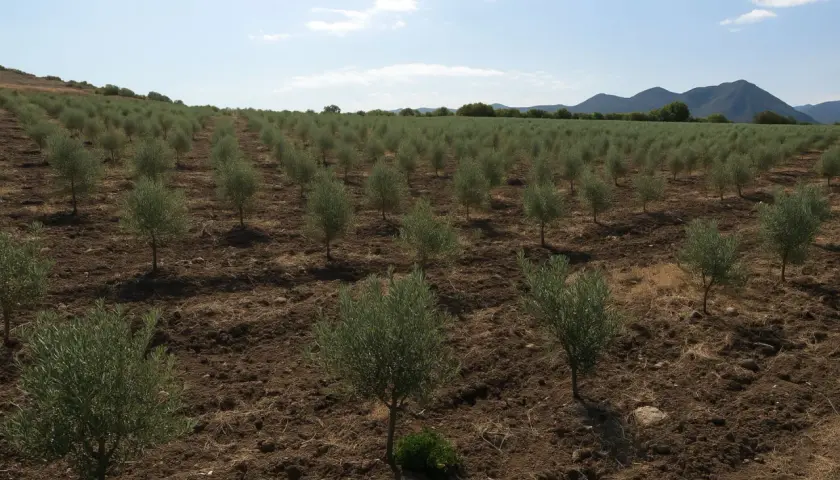 Filare di giovani olivi in un campo arato, con montagne sullo sfondo. L'irrigazione olivo estate è fondamentale per la crescita.