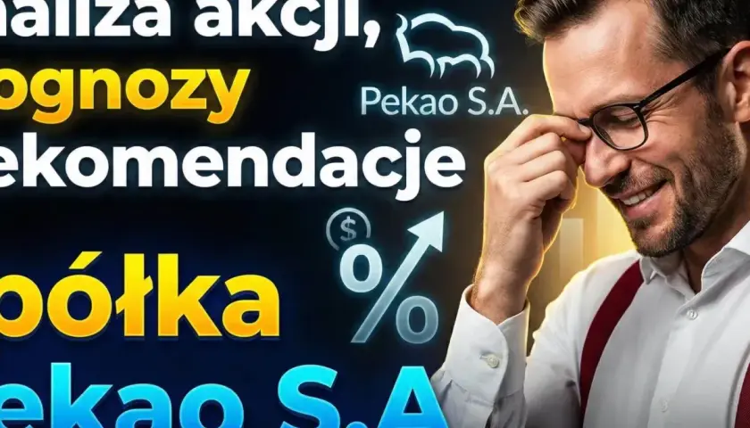 Analizy akcji i prognozy od Pekao S.A. - mężczyzna z okularami uśmiecha się, sugerując sukces.