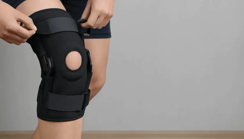 Osoba zakłada stabilizator kolana, zapewniając mu wsparcie i komfort.