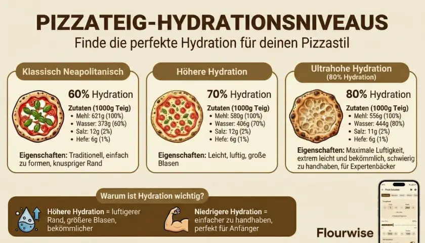 Pizzateig-Hydration: 60-80% Wasser für perfekten Teig. Die richtige pizzateig temperatur beeinflusst die Hydration.