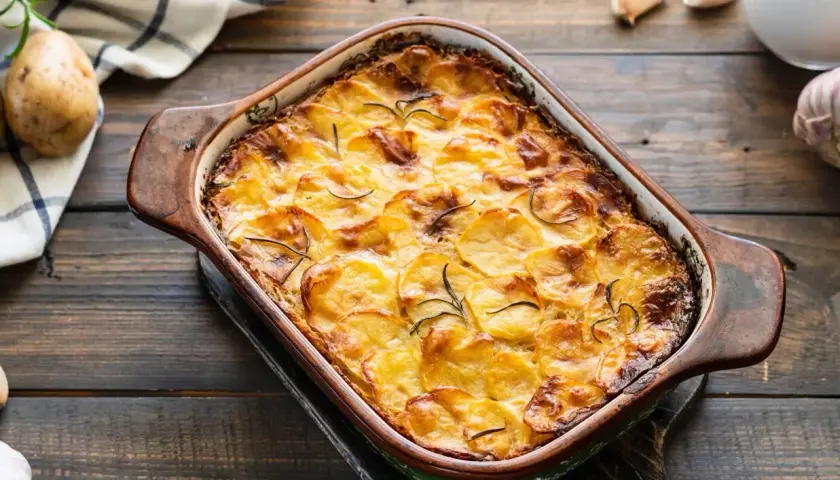 Zapiekanka z ziemniakami i mięsem mielonym w naczyniu żaroodpornym, ozdobiona rozmarynem.
