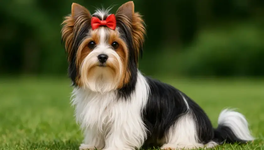 Uroczy Biewer Yorkshire Terrier z czerwoną kokardką na głowie, siedzący na trawie. Idealna waga dla tej rasy to ok. 2-3 kg.