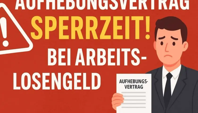 Achtung! Aufhebungsvertrag kann Sperrfrist beim Arbeitslosengeld bedeuten. Trauriger Mann hält Dokument.