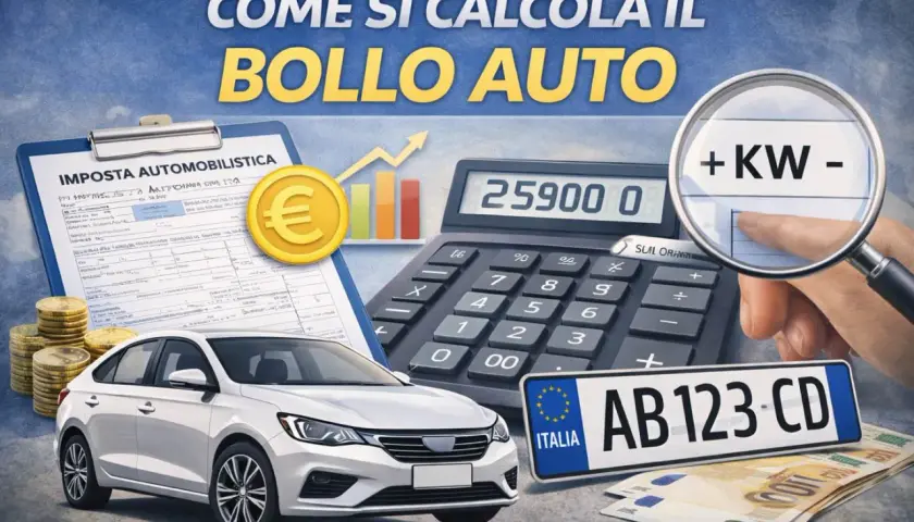 Calcolo bollo auto 2026: auto bianca, calcolatrice, euro, targa e documenti per capire quanto pagare.