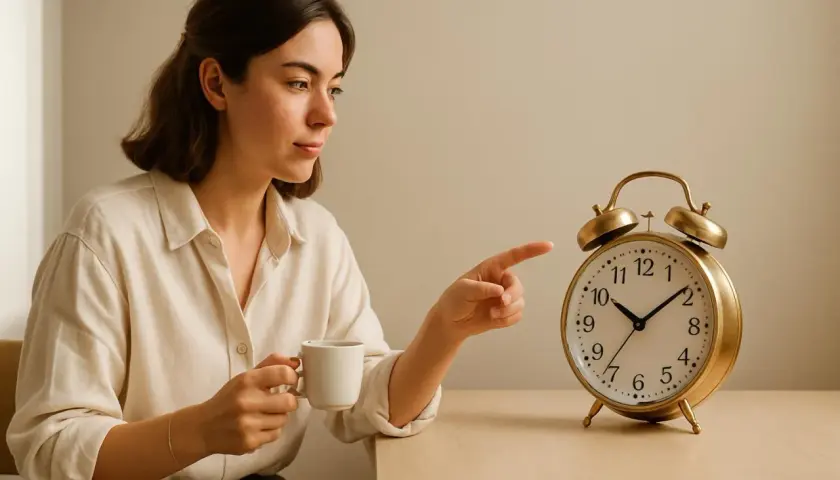 Donna con tazza di caffè indica una sveglia, pensando ai caffeina effetti sul cervello.