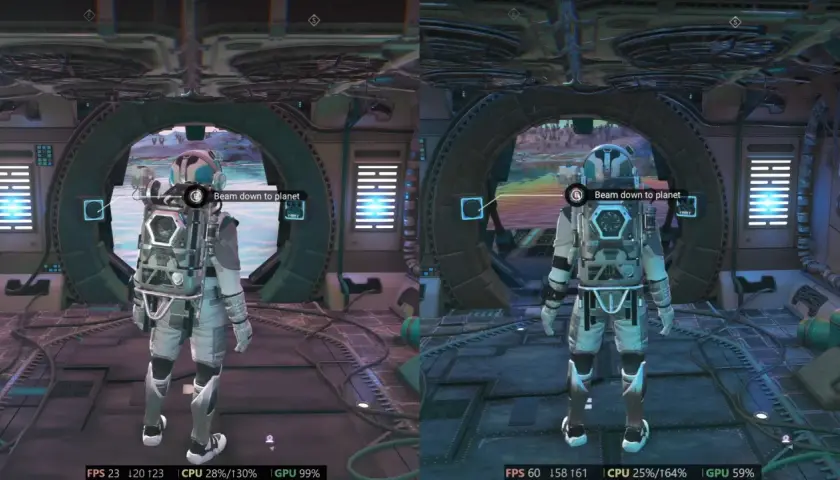 Comparaison des performances graphiques dans No Man's Sky. Le joueur se tient prêt à descendre sur une planète.