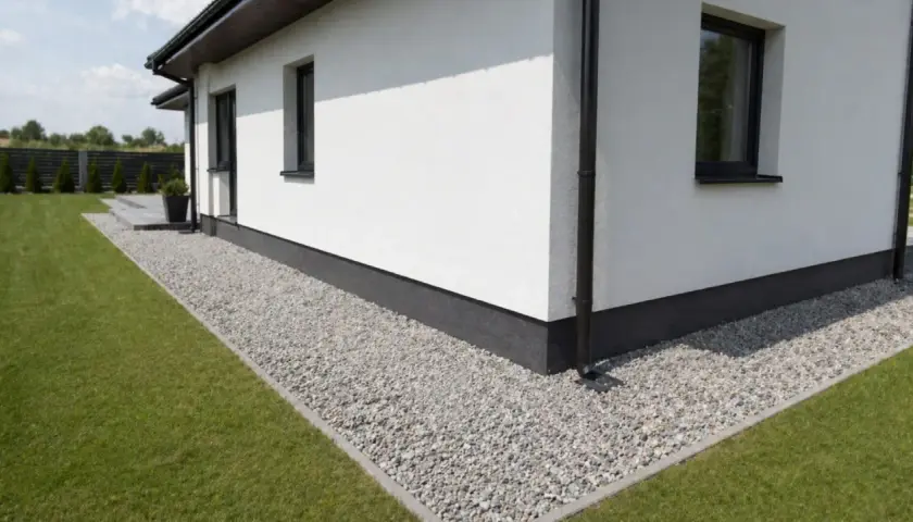 Biały dom z czarnym cokołem i żwirową opaską wokół. To najtańsza opaska wokół domu, która chroni elewację przed wilgocią.